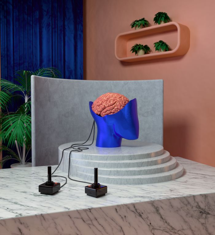 Services Creative modern art installation featuring a brain sculpture connected to joysticks.